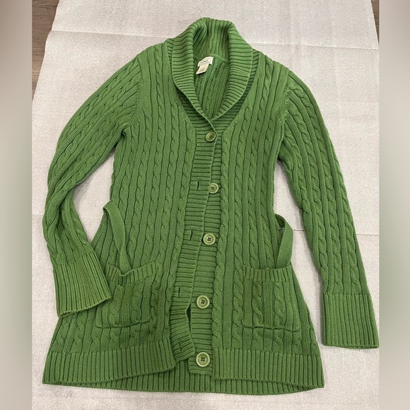 L.L. Bean Sweaters - [S]L.L. Bean Forest Green Cable Knit Cotton Belted Long Button Cardigan RARE